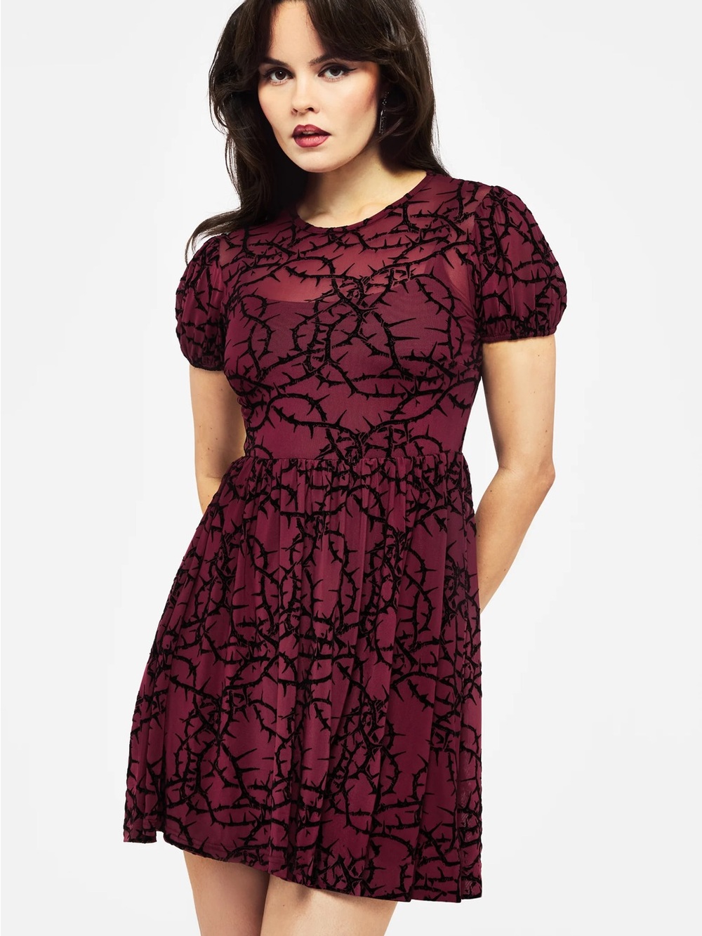 Disturbia Prickle Thorn Print Mesh Puff Sleeve Mini Dress 🌹